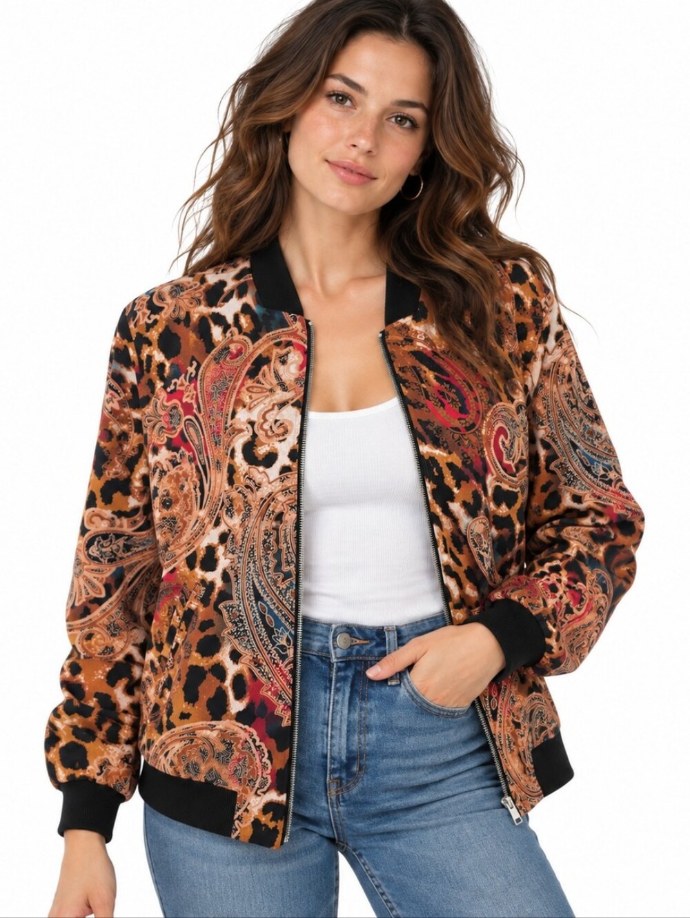 Philosophy Republic Clothing Bomber Jacket L Brown Leopard Paisley Print